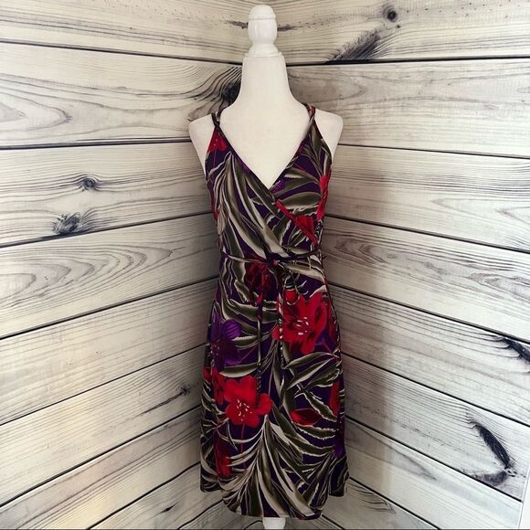EXPRESS Red & Purple Floral Tropical Strappy Back Wrap Dress Size 3/4 - Picture 1 of 6